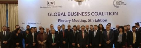 Foto de familia de los participantes en el pleno de la Global Business Coalition en Nueva Delhi.