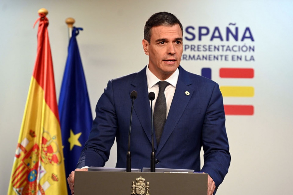 El presidente del Gobierno, Pedro S&aacute;nchez, durante su comparecencia ante los medios de comunicaci&oacute;n tras finalizar el Consejo Europeo Pool Moncloa/Borja Puig de la Bellacasa