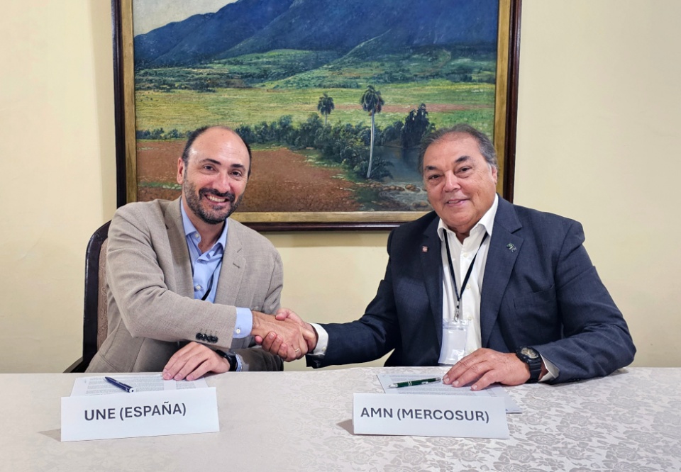El director general de UNE, Javier Garc&iacute;a, (izqda.) y el presidente ejecutivo de AMN, Ricardo Fragoso, en la firma del acuerdo.