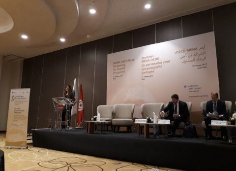 La presidenta de CEOE Internacional, Marta Blanco, durante su intervenci&oacute;n en T&uacute;nez.