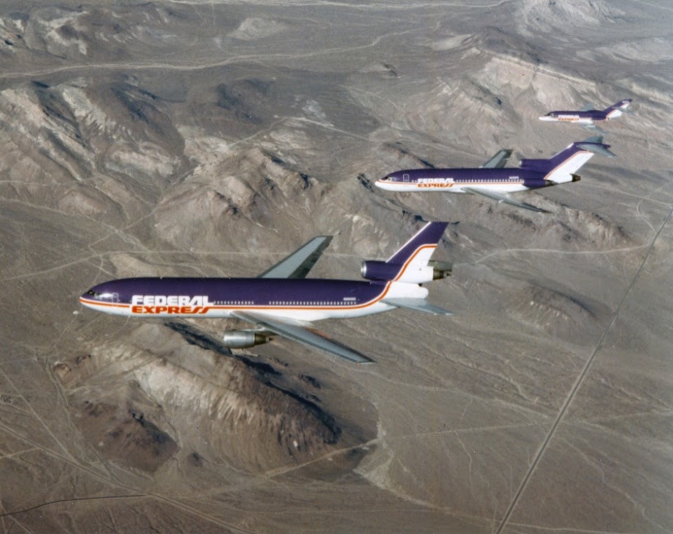 Flota Federal Express, 1982 aprox- DC10-10, 727-100 y Dassault Falcon 200C. Cr&eacute;dito Foto &copy; Colecci&oacute;n Van Herbruggen.