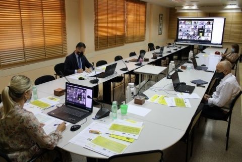 La consejera de Empresa, Ana Mart&iacute;nez, en la celebraci&oacute;n del Comit&eacute; de Vigilancia Impacto del Coronavirus en la Econom&iacute;a Regional y el Comercio Exterior, junto al Dir. Del Info, Diego Rodr&iacute;guez-Linares.